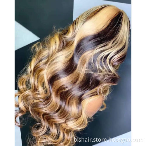 13X4 Highlight Wave 4-27 Color Front Lace Wig Real Human Hair Brazilian Lace Front Real Human Hair Wig, 150% Density
